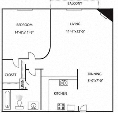 Floor plan for 1 bed, 1 bath, 695 sqft